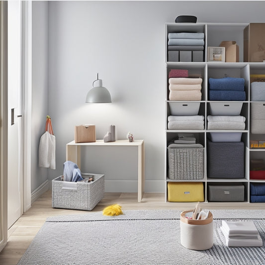 A tidy, minimalist room with a C&AHOME Cube Storage Organizer in the center, its 6 fabric cubes filled with neatly folded clothes, toys, and office supplies, surrounded by a few decorative items.