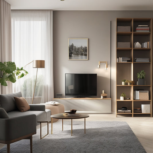 A modern living room with a sleek, wall-mounted storage unit featuring retractable shelves and a hidden compartment behind a sliding panel, surrounded by minimalist decor and natural light.