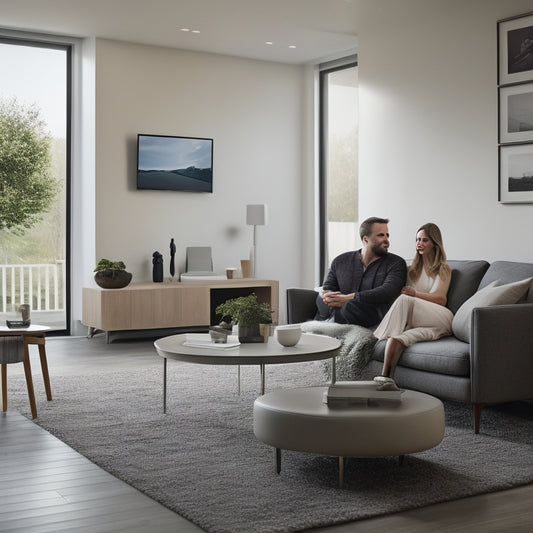 A serene, modern living room with a minimalist aesthetic, featuring a couple sitting on a couch, surrounded by sleek devices and a large screen displaying a shared digital calendar.