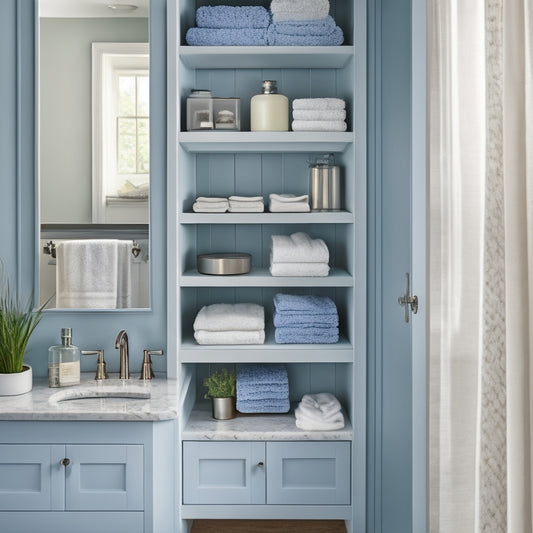 A beautifully organized tiny bathroom cabinet with glass shelves, a slide-out drawer, and a wall-mounted towel rack, surrounded by a soft, calming blue-gray background and subtle natural light.