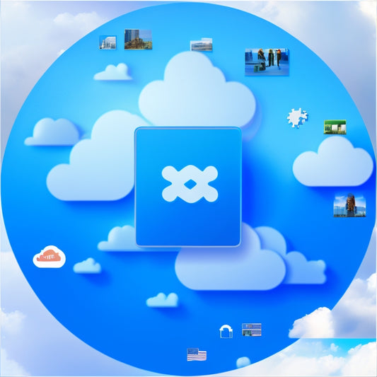 An illustration of a Windows desktop with a prominent OneDrive icon, surrounded by interconnected gears, clouds, and puzzle pieces, conveying seamless integration and organization.