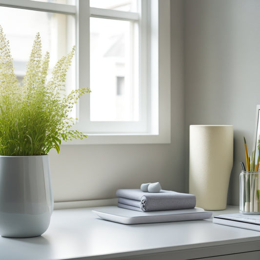 A serene, minimalist workspace featuring a Bliss Bin in a soft, calming shade, surrounded by neatly organized office supplies, a vase with fresh flowers, and a few carefully placed decorative accents.