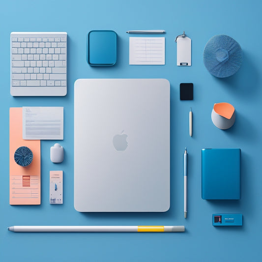 A minimalist illustration of a tidy digital workspace: a sleek laptop surrounded by neatly arranged virtual folders, colorful tabs, and a few strategically placed icons, all set against a calming blue-gray background.