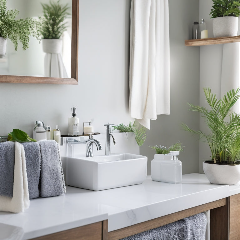 A serene bathroom with a double sink vanity, featuring three floating shelves in a polished chrome finish, holding a few rolled towels, a small potted plant, and a decorative soap dispenser.