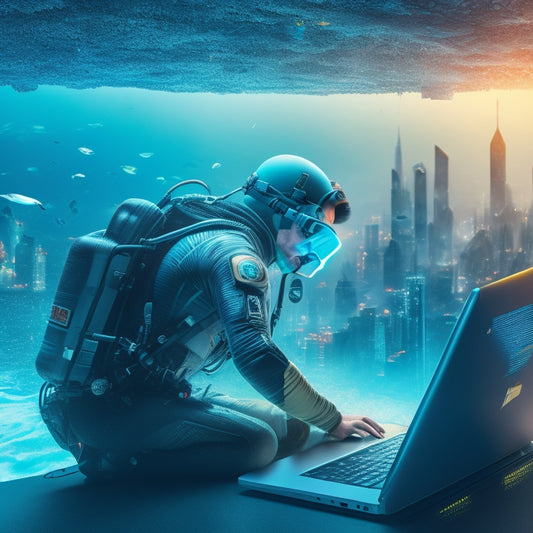 A stylized illustration of a diver descending into a sea of coding symbols, with a subtle glow surrounding their figure, and a sprawling cityscape of laptops and computer screens in the background.