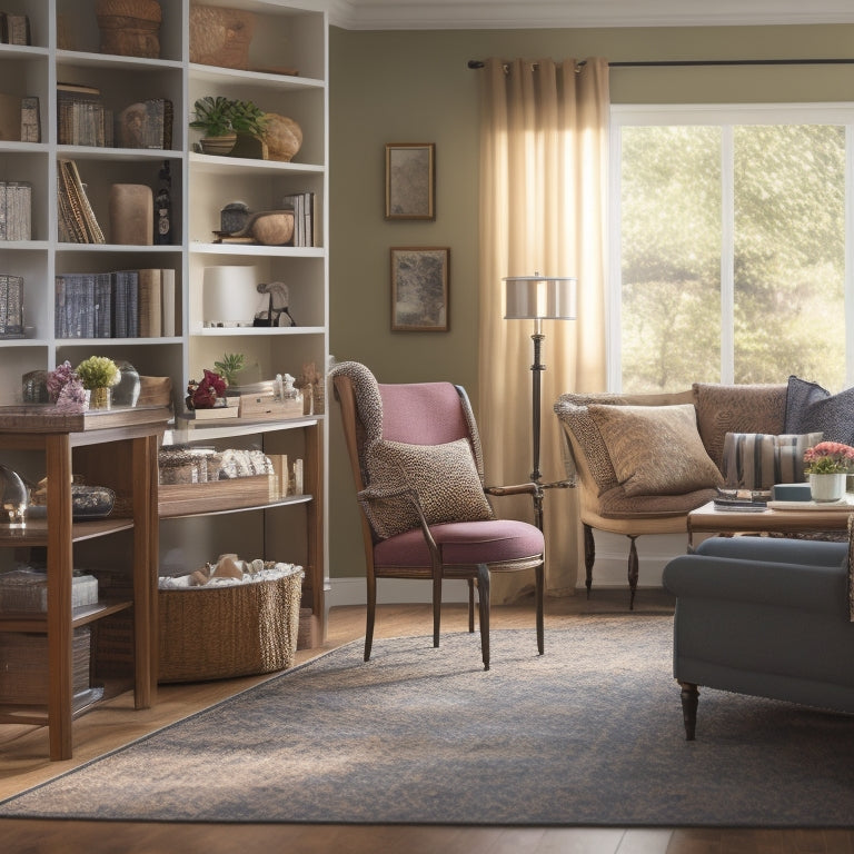 An image depicting a senior's organized living room with a walker nearby, featuring a labeled storage ottoman, a clutter-free coffee table, and a shelved bookcase with clear baskets and minimal decor.