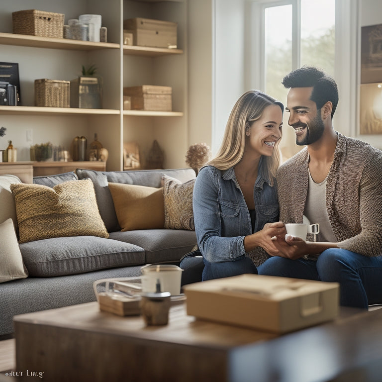 A bright, airy living room with a couple in their mid-twenties, smiling and holding hands, surrounded by organized shelves, a tidy coffee table, and a few moving boxes in the background.