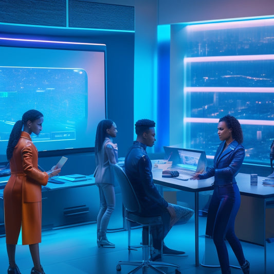 A futuristic virtual classroom with holographic screens, robots, and avatars interacting with students, surrounded by a cityscape and glowing neon lights, with a subtle umami flavor-inspired color palette.