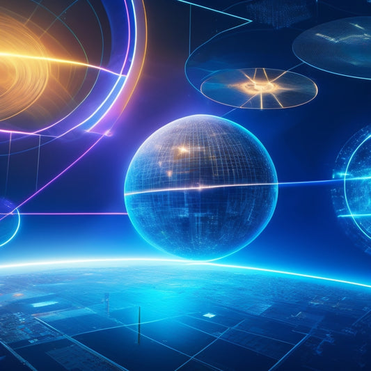 A futuristic, high-tech background with a prominent, gleaming Microsoft logo at its center, surrounded by orbiting, glowing exam icons and swirling, curved lines resembling digital circuits.