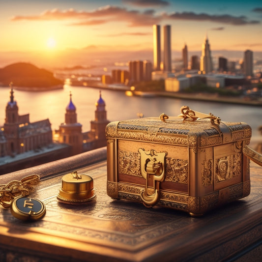 A golden key unlocking a treasure chest overflowing with money, surrounded by a background of puzzle pieces forming a completed picture, with a subtle cityscape or business landscape in the distance.