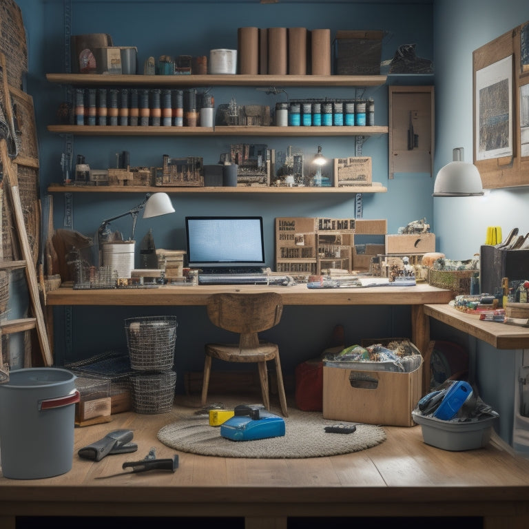 A cluttered room with scattered DIY tools and materials, transitioning to a tidy space with labeled storage bins, organized shelves, and a laptop displaying a DIY home organization course on the screen.