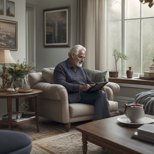 A serene, well-organized living room with a senior adult sitting comfortably on a couch, surrounded by minimal clutter, with a tablet displaying a tidy digital calendar on a coffee table.