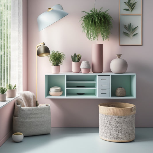 A minimalist, pastel-colored room with a compact desk, a floating shelf, and a woven storage basket, surrounded by potted plants and a few carefully placed decorative items.