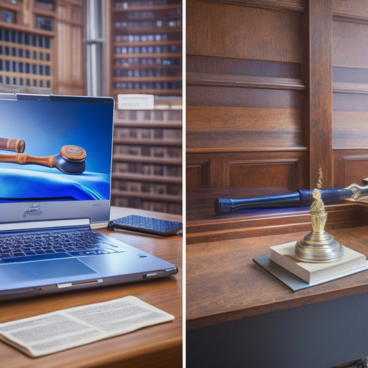 A split-screen image: a courtroom with a judge's gavel and legal books on the left, and a laptop with an online shopping cart and various products on the right, connected by a thread of copyright symbols.