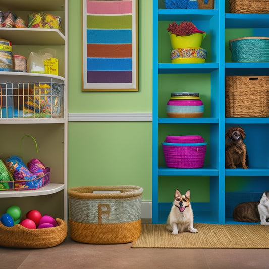 A colorful, organized room with a dog's toys and treats stored in woven baskets, a cat's scratching post with built-in shelves, and a hidden pet food station behind a sliding panel.