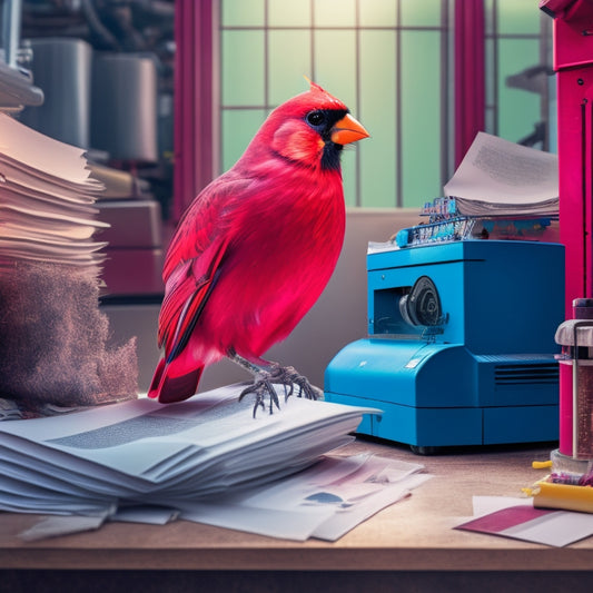 A colorful illustration featuring a cardinal bird perched on a stack of freshly printed papers, surrounded by printing press machinery and scattered paper sheets in a messy, creative workspace.