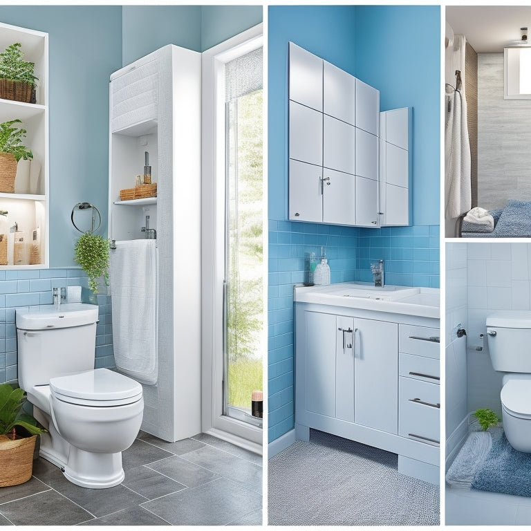 A bright, modern tiny bathroom with a wall-mounted sink, a compact toilet, and a shower cubicle with a sliding glass door, showcasing clever storage solutions like woven baskets and recessed shelves.