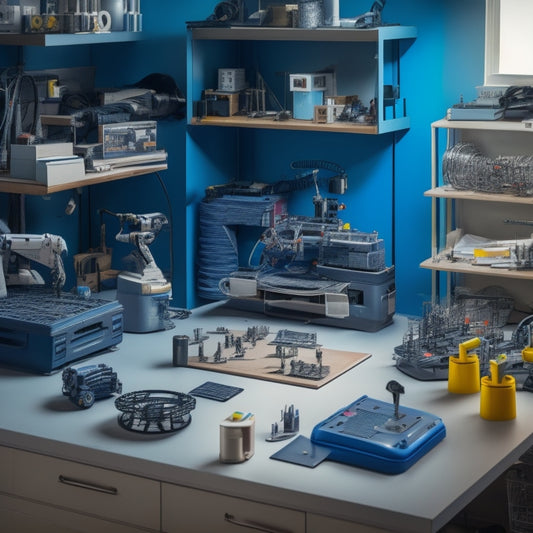 A cluttered 3D printing workspace with KAON machines, surrounded by half-finished projects, wires, and tools, with a robotic arm and a futuristic-looking gadget in the foreground.