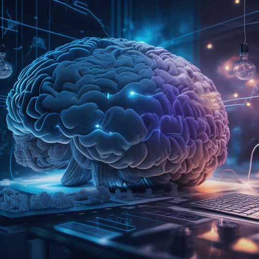 A futuristic, glowing brain surrounded by swirling clouds of code, gears, and lightbulbs, with interconnected puzzle pieces and flexible wires forming a dynamic, 3D e-learning platform in the background.
