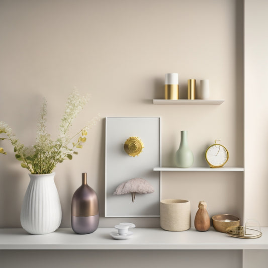 A minimalist, modern room with a compact, wall-mounted shelf featuring a mix of decorative objects and everyday items, surrounded by a subtle, soft focus blur, in a calming, monochromatic color scheme.
