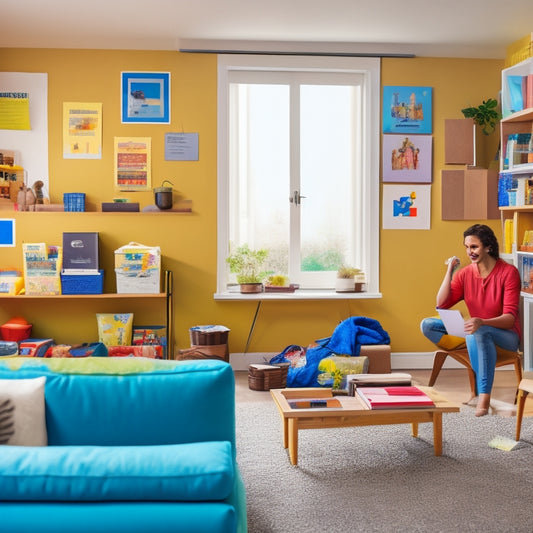 An organized living room with a few boxes and furniture pieces labeled with colorful stickers, a calendar on the wall with notes and checkmarks, and a smiling person in the background holding a clipboard.