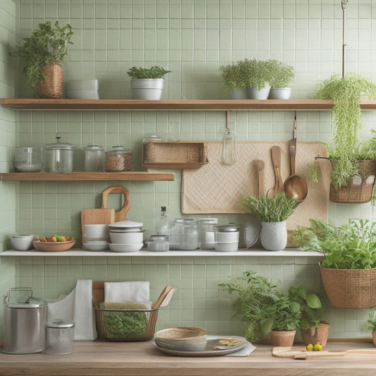A stylized kitchen with open cabinets, showcasing stacked ceramic plates on a pegboard, a utensil organizer made from a repurposed picture frame, and a hanging basket filled with fresh green herbs.