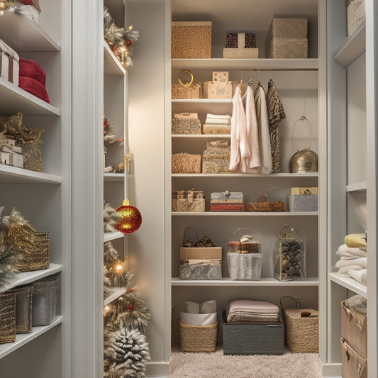 A serene, well-lit, and organized closet with labeled bins, stacked shelves, and hanging organizers, featuring a mix of festive holiday decorations, ornaments, and lights, in a calming color palette.