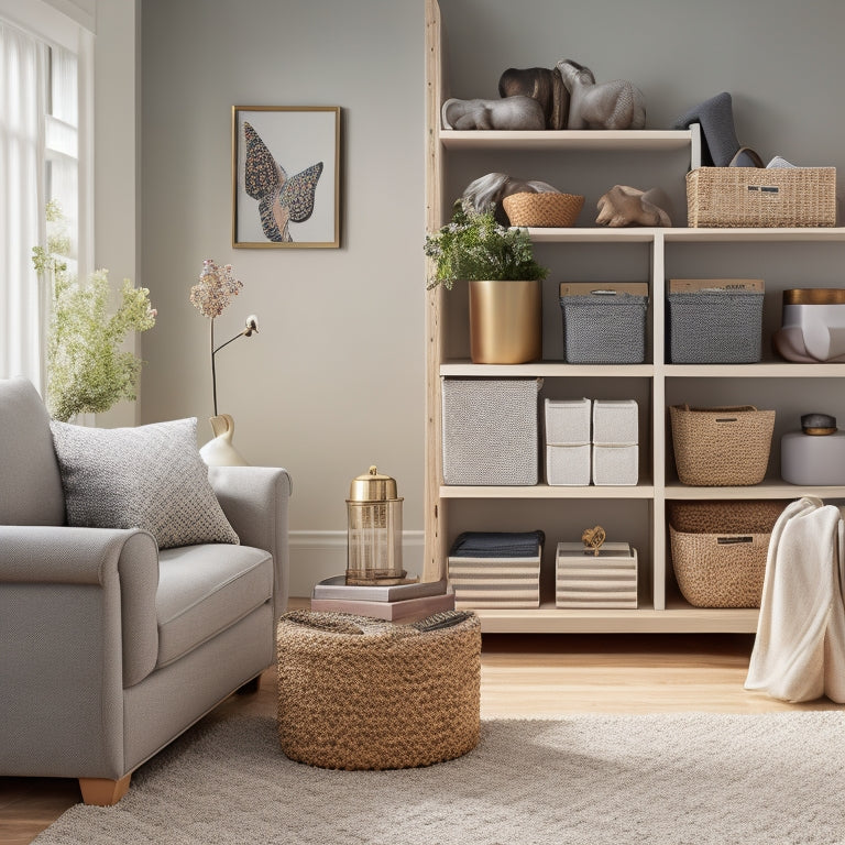 A serene, well-organized living room with a few, carefully selected decorative items on a minimalist shelf, a tidy storage ottoman, and a few neatly labeled storage bins against a calm, light-gray background.