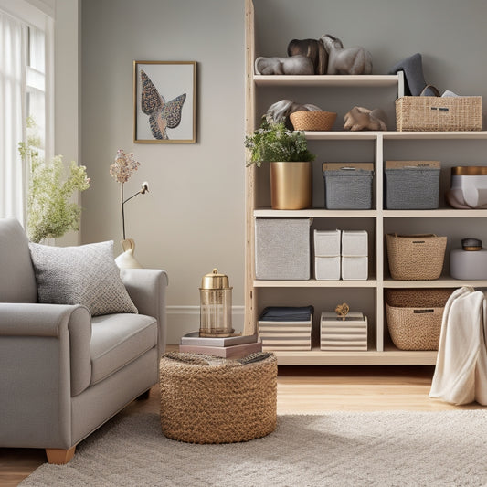 A serene, well-organized living room with a few, carefully selected decorative items on a minimalist shelf, a tidy storage ottoman, and a few neatly labeled storage bins against a calm, light-gray background.