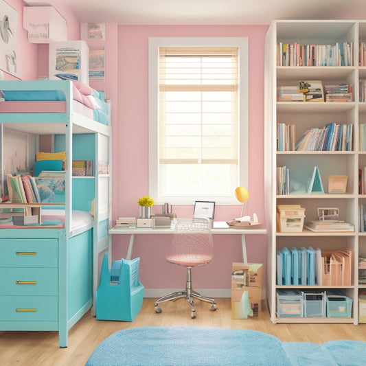 A tidy dorm room with a lofted bed, underneath which are stacked plastic storage bins in pastel colors, alongside a compact desk with a small shelving unit and a few neatly arranged books.