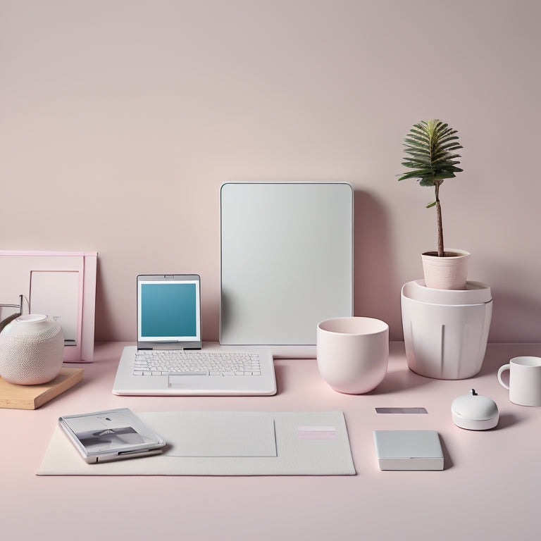 A tidy, minimalist desk with a small laptop, a compact wireless printer, and a few neatly organized digital gadgets, set against a soft, pastel-colored background with subtle storage solutions.