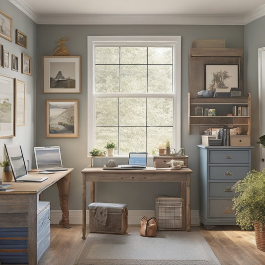 A serene, clutter-free home office with a laptop, a tidy desk, and a few framed family photos, surrounded by organized shelves and bins, with a calm, natural light pouring in.
