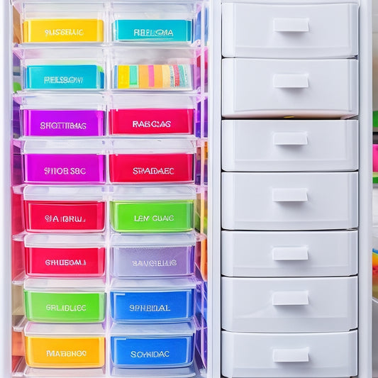 A neatly arranged sticker collection within a small, transparent, three-drawer storage container, with rainbow-colored stickers organized by shape and size, against a clean white background.