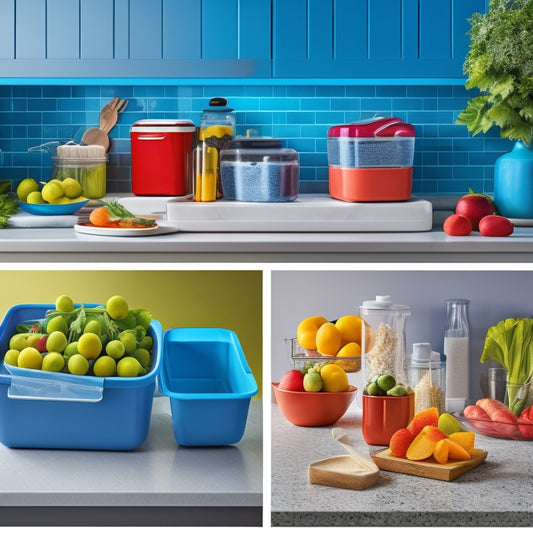 A colorful, modern kitchen countertop with a variety of fresh fruits and vegetables, alongside sleek, innovative storage containers and bins with ventilation systems and moisture-control technology.