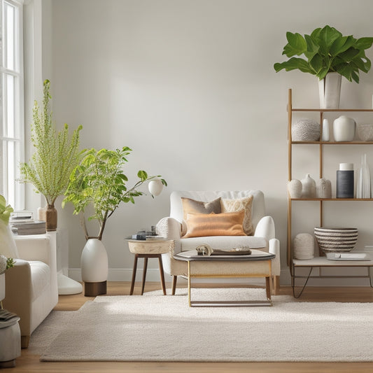 A serene, minimalist living room with a few, carefully curated decorative items, a tidy bookshelf, and a single, potted plant, set against a backdrop of creamy white walls and gleaming hardwood floors.