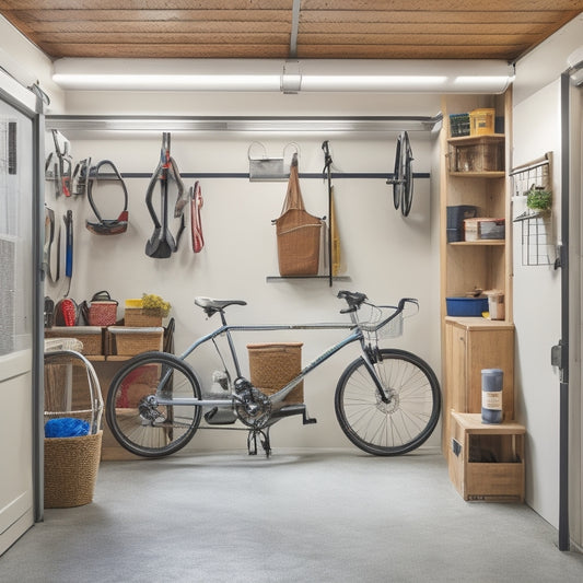 A tidy, well-organized small garage with a few bicycles, storage bins, and a workbench, against a clean white background, with natural light streaming in through a partially open door.