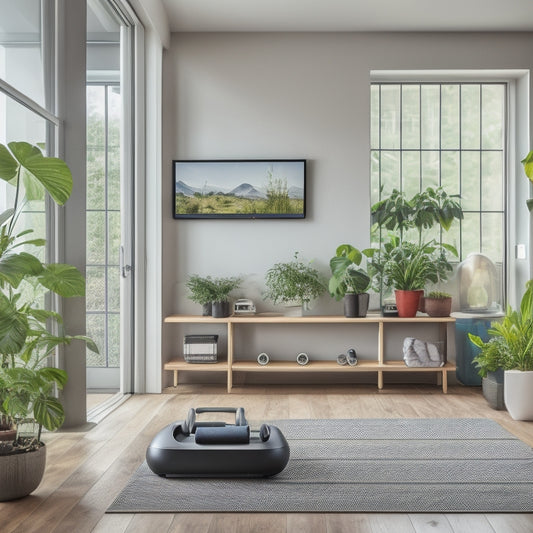 A clutter-free, modern living room with a compact exercise area: a folding treadmill against a wall, a set of dumbbells on a minimalist shelf, and a yoga mat in a corner, surrounded by plants.