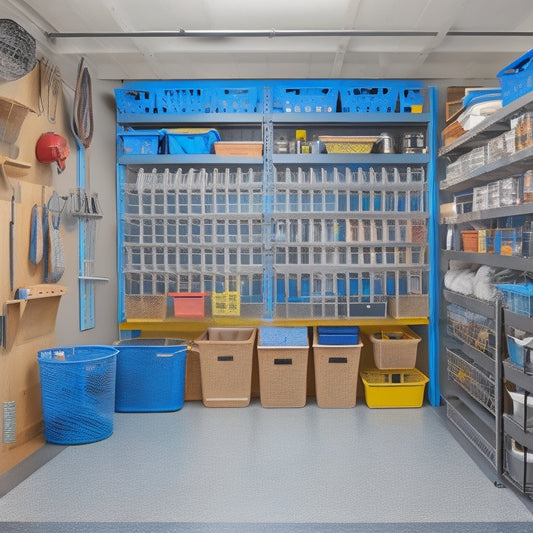 A clutter-free garage with organized rows of bins, hooks, and shelves, featuring a sleek metal pegboard with hanging tools, and a floor-to-ceiling storage system with labeled baskets.