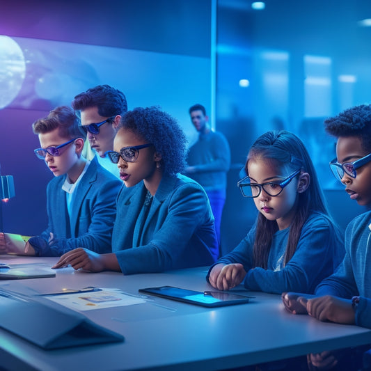 A futuristic classroom with holographic screens, augmented reality goggles, and sleek tablets, surrounded by diverse students engaged in interactive learning activities, amidst a cityscape backdrop with neon lights.