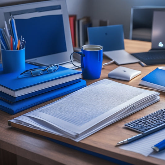 A tidy desk with an open EOOUT Expanding File Folder, its vibrant blue and white stripes visible, surrounded by neatly organized papers, pens, and a laptop, with a blurred background.