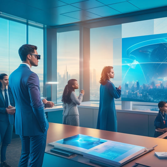 A futuristic classroom with holographic screens, students wearing VR headsets, and a teacher standing in front of a digital whiteboard, surrounded by a blurred cityscape outside the window.