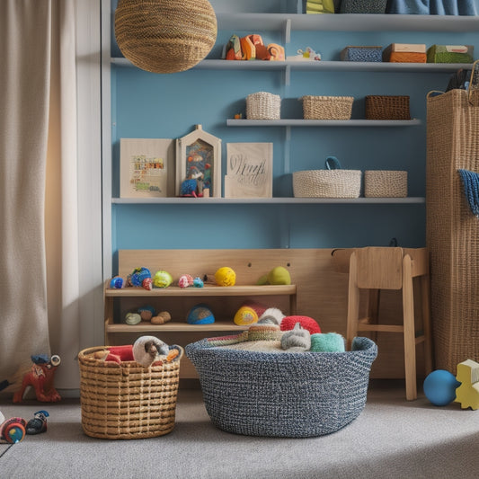 A tidy playroom with a modern, wooden shelf displaying a few, carefully arranged toys, alongside a woven basket and a stack of colorful, fabric storage cubes.