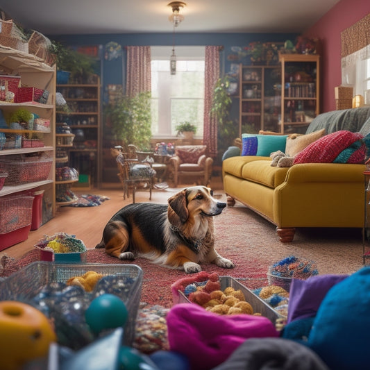 A cluttered living room with pet toys, food, and accessories scattered everywhere, with a frazzled pet owner in the background, surrounded by open storage bins and shelves.