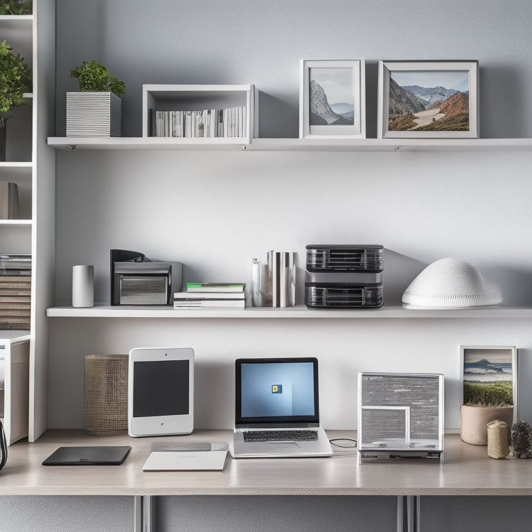 A clutter-free, modern small office space with a compact, wall-mounted shelving unit holding a few sleek, silver external hard drives and a small, wireless router, surrounded by minimal decorative items.