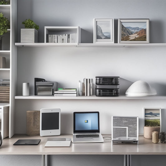 A clutter-free, modern small office space with a compact, wall-mounted shelving unit holding a few sleek, silver external hard drives and a small, wireless router, surrounded by minimal decorative items.