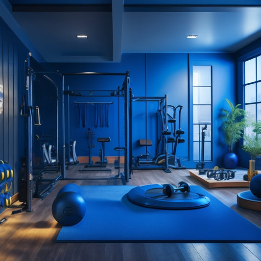 A well-lit, modern room with a mix of cardio equipment, free weights, and functional training tools, including a treadmill, exercise bike, kettlebells, medicine balls, and a pull-up bar against a mirrored wall.