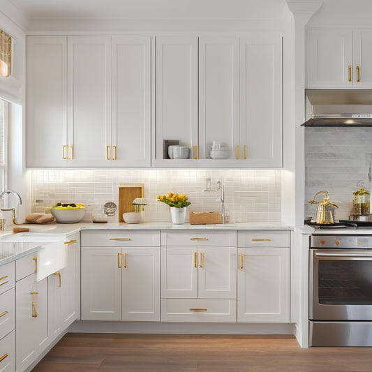 A bright, modern kitchen with sleek, white cabinets, featuring a combination of pull-out pantry units, adjustable shelf inserts, and a wall-mounted utensil organizer, all with a warm, golden lighting.