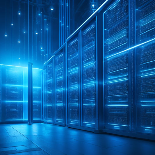 A futuristic, high-tech background with interconnected nodes and glowing blue lines, featuring a large, central server with flashing lights, surrounded by smaller, orbiting servers and data storage units.