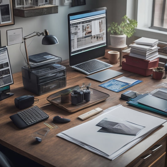 An organized digital workspace with a laptop, a tidy virtual desktop, and a few neatly labeled digital folders, surrounded by scattered papers and chaotic office supplies in the background.