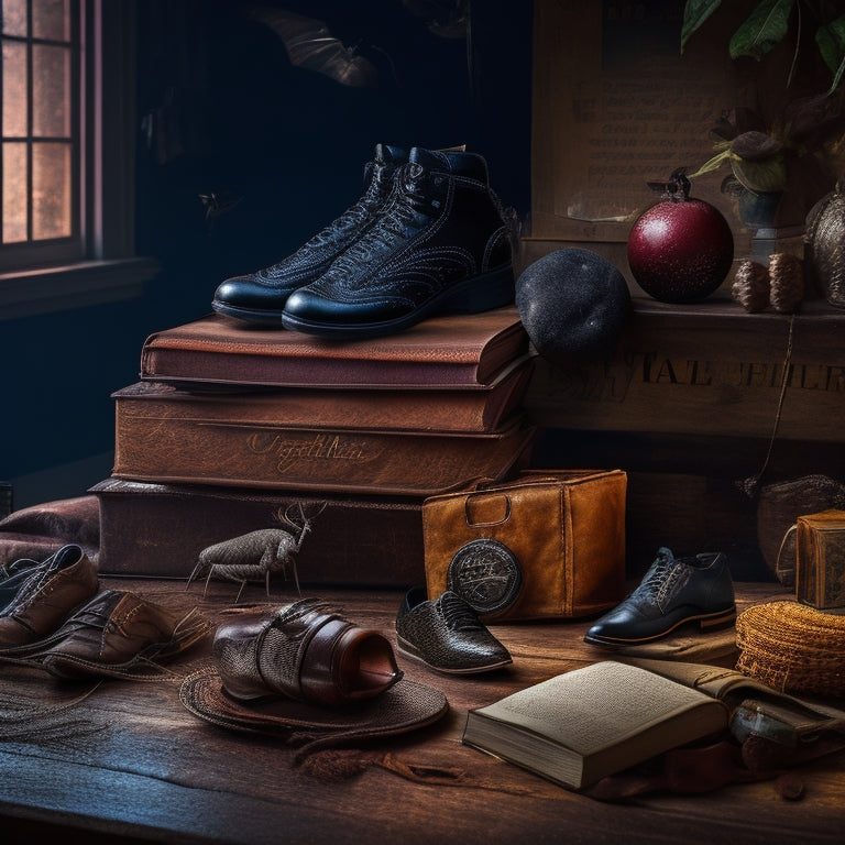 A dark background with a subtle web pattern, featuring a large, menacing brown recluse spider in the center, surrounded by scattered shoes, books, and other household items, with a few strategically placed sticky traps.